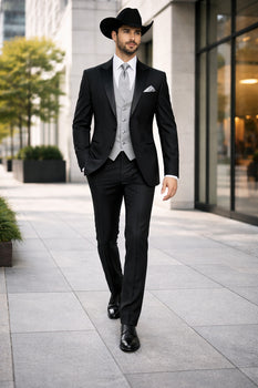 Men 2 Button Trim Cowboy in Black Cowboy Suit - Country Besom Pockets Wedding Suits