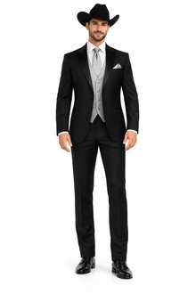 Men 2 Button Trim Cowboy in Black Cowboy Suit - Country Besom Pockets Wedding Suits