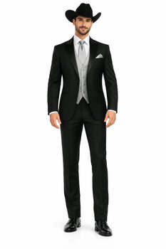 Men 2 Button Trim Cowboy in Black Cowboy Suit - Country Besom Pockets Wedding Suits
