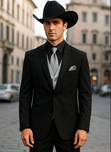 Men 2 Button Trim Cowboy in Black Cowboy Suit - Country Wedding Suits
