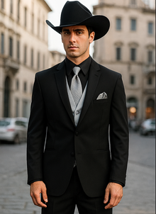 Men 2 Button Trim Cowboy in Black Cowboy Suit - Country Wedding Suits