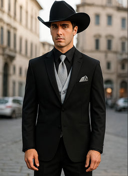 Men 2 Button Trim Cowboy in Black Cowboy Suit - Country Wedding Suits