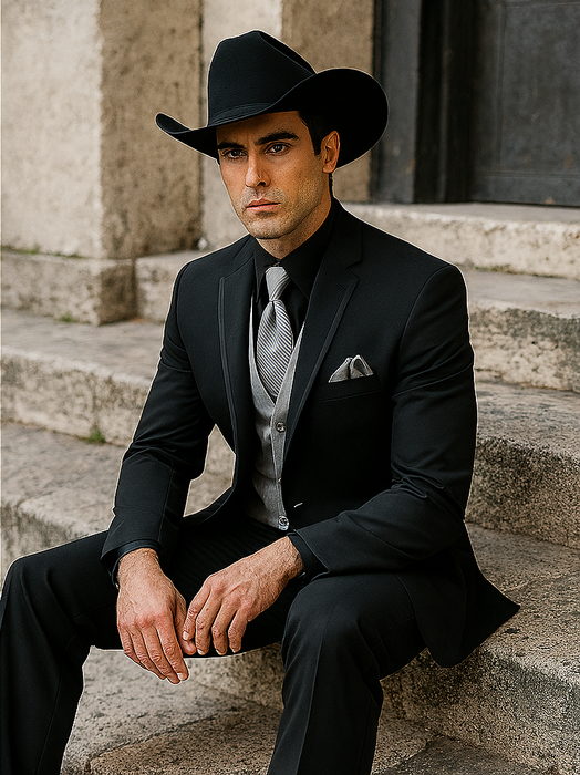 Men 2 Button Trim Cowboy in Black Cowboy Suit - Country Wedding Suits