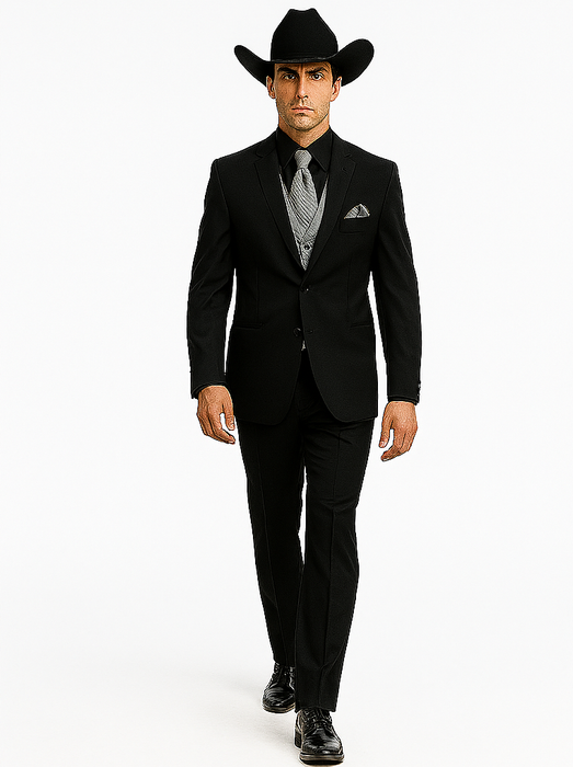Men 2 Button Trim Cowboy in Black Cowboy Suit - Country Wedding Suits