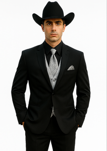 Men 2 Button Trim Cowboy in Black Cowboy Suit - Country Wedding Suits