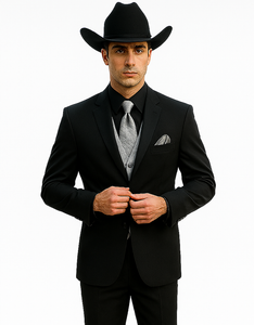 Men 2 Button Trim Cowboy in Black Cowboy Suit - Country Wedding Suits