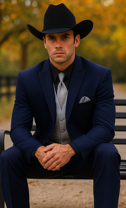 Men 2 Button Trim Cowboy in Navy Cowboy Suit - Country Wedding Suits