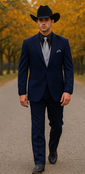Men 2 Button Trim Cowboy in Navy Cowboy Suit - Country Wedding Suits