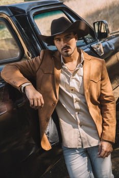 Men’s Double-Button Faux Suede Blazer in Camel