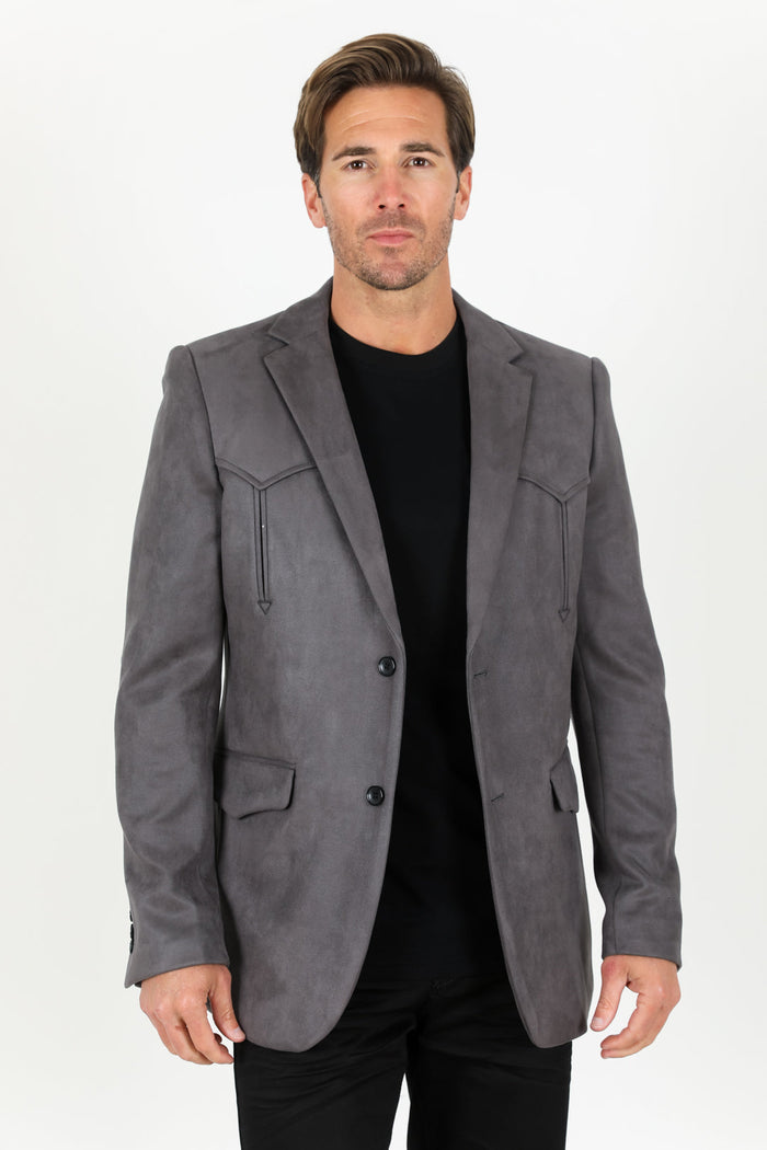 Mens Charcoal Faux Suede Blazer Jacket – Double Button Smart Casual Sport Coat