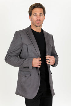 Mens Charcoal Faux Suede Blazer Jacket – Double Button Smart Casual Sport Coat