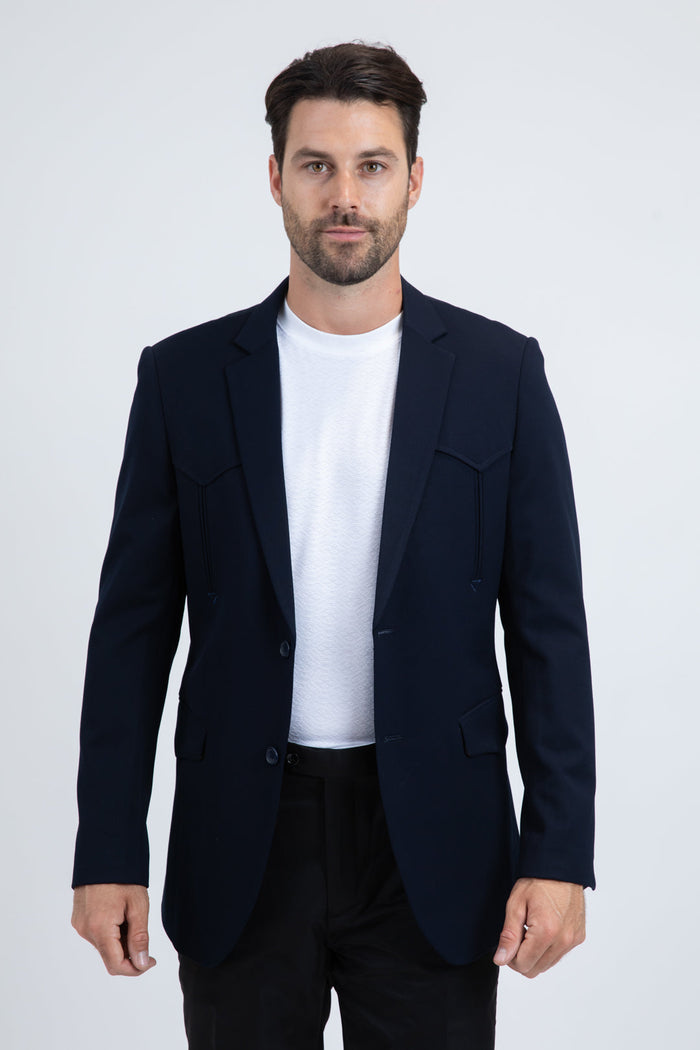 Men’s Navy Western Cowboy Blazer – Double Button Dress Coat