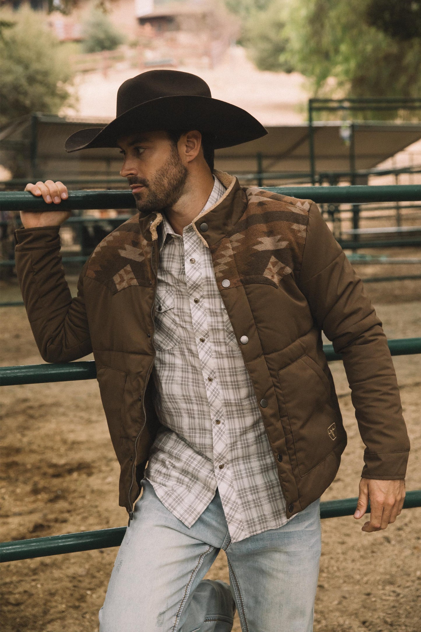 Men’s Quilted Twill Jacket with Aztec Print and Fur Lining – Brown
