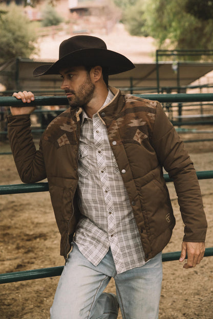 Men’s Quilted Twill Jacket with Aztec Print and Fur Lining – Brown