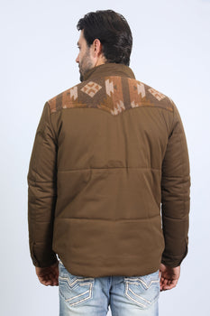 Men’s Quilted Twill Jacket with Aztec Print and Fur Lining – Brown