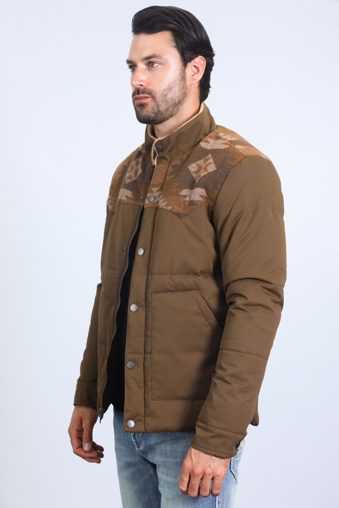 Men’s Quilted Twill Jacket with Aztec Print and Fur Lining – Brown