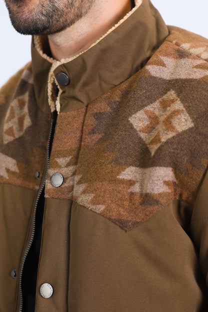 Men’s Quilted Twill Jacket with Aztec Print and Fur Lining – Brown