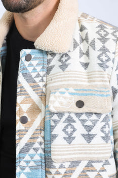 Men’s Aztec Tribal Quilted Twill Jacket – Beige Casual Outerwear