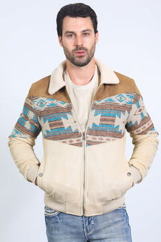 Men’s Western Inspired Aztec Quilted Twill Jacket – Beige with Suede Accents