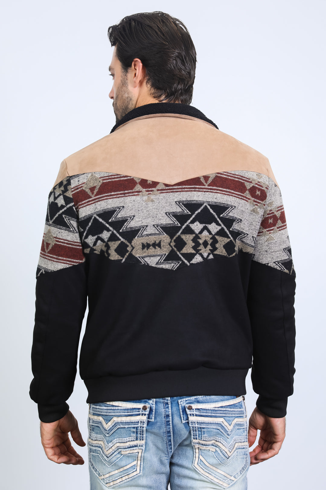 Men’s Tribal Aztec Quilted Jacket – Black & Beige Twill with Suede Touch