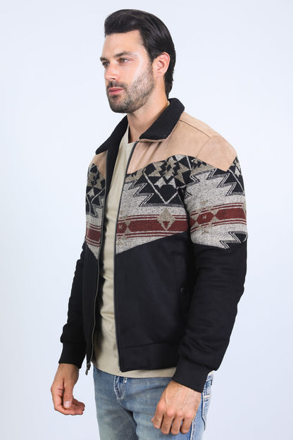 Men’s Tribal Aztec Quilted Jacket – Black & Beige Twill with Suede Touch