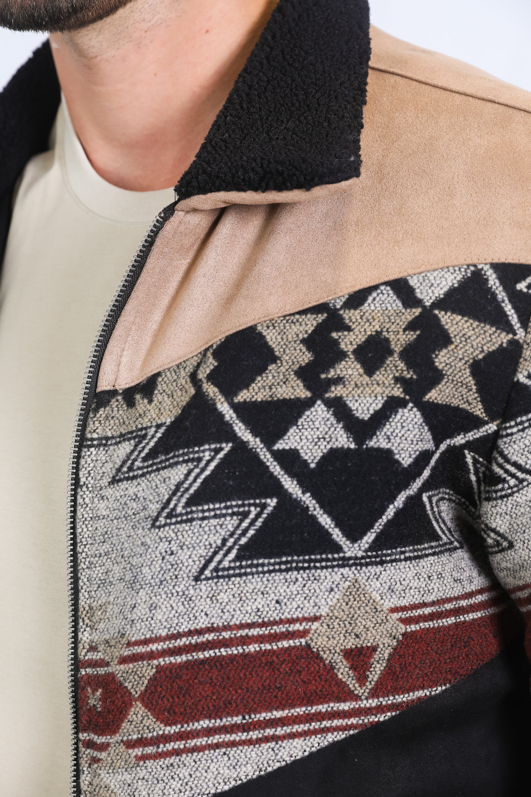 Men’s Tribal Aztec Quilted Jacket – Black & Beige Twill with Suede Touch