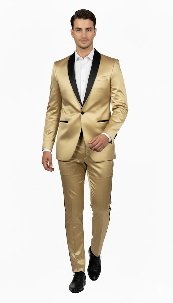 Men Gold Contrast Lapel Black Shawl Collar 2 Toned Dinner Jacket Blazer Fashion Tuxedo For Men - Image 2