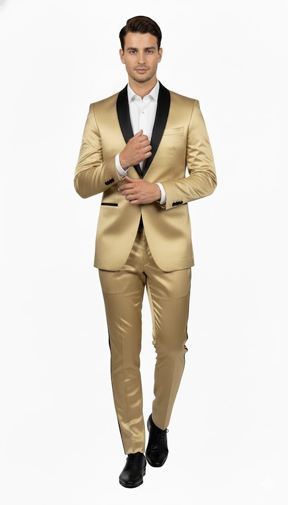 Men Gold Contrast Lapel Black Shawl Collar 2 Toned Dinner Jacket Blazer Fashion Tuxedo For Men - Image 4