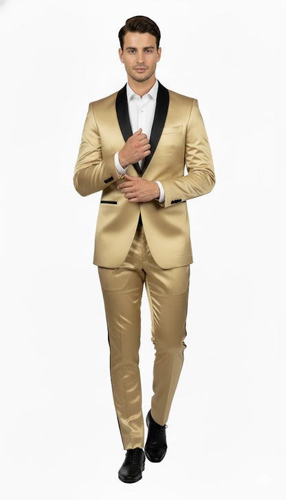 Men Gold Contrast Lapel Black Shawl Collar 2 Toned Dinner Jacket Blazer Fashion Tuxedo For Men - Image 4