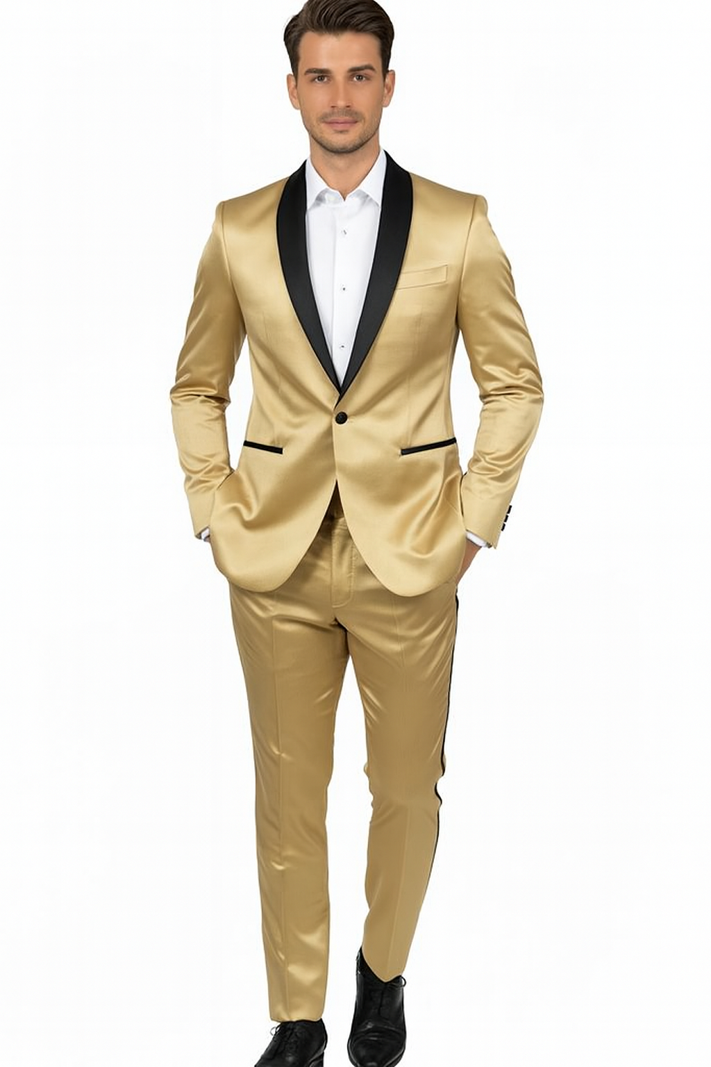 Men Gold Contrast Lapel Black Shawl Collar 2 Toned Dinner Jacket Blazer Fashion Tuxedo For Men - Image 5