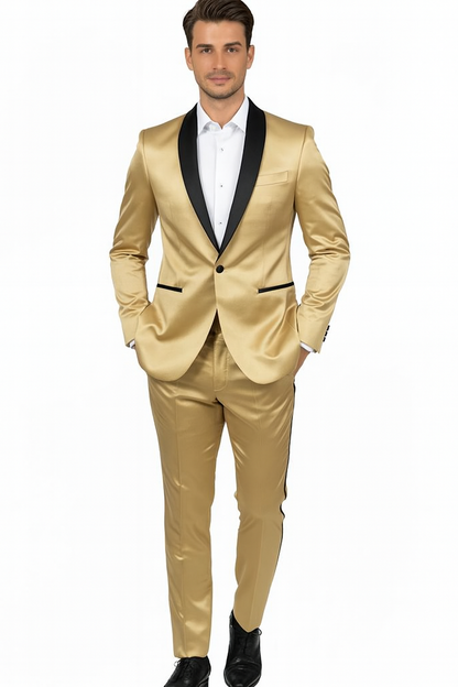 Men Gold Contrast Lapel Black Shawl Collar 2 Toned Dinner Jacket Blazer Fashion Tuxedo For Men - Image 5