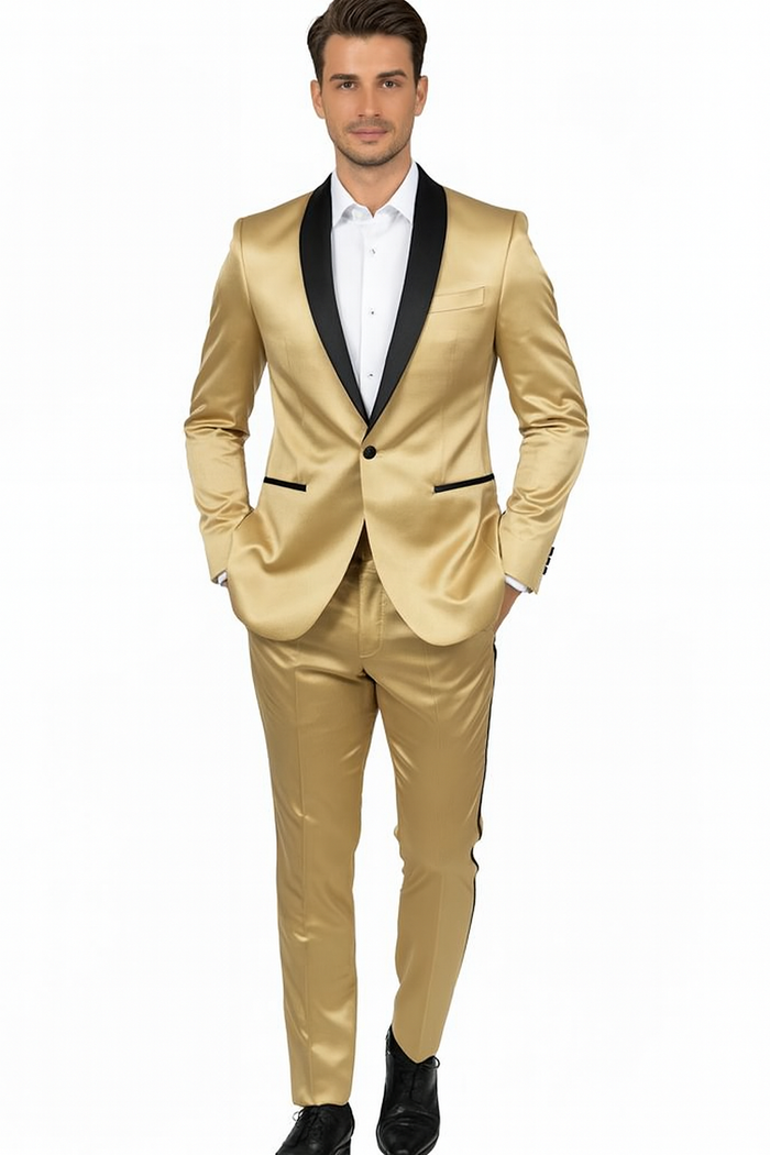 Men Gold Contrast Lapel Black Shawl Collar 2 Toned Dinner Jacket Blazer Fashion Tuxedo For Men - Image 5