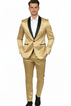 Men Gold Contrast Lapel Black Shawl Collar 2 Toned Dinner Jacket Blazer Fashion Tuxedo For Men - Image 5