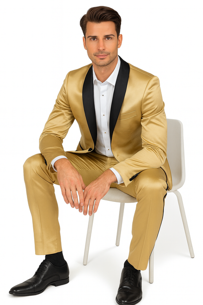 Men Gold Contrast Lapel Black Shawl Collar 2 Toned Dinner Jacket Blazer Fashion Tuxedo For Men - Image 6