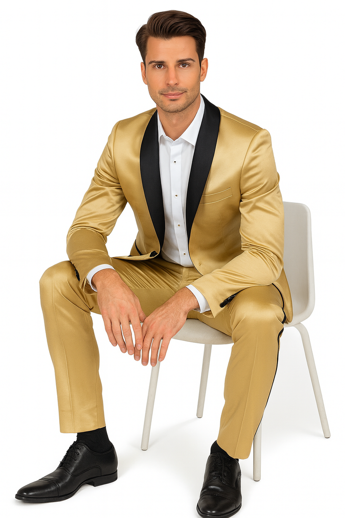 Men Gold Contrast Lapel Black Shawl Collar 2 Toned Dinner Jacket Blazer Fashion Tuxedo For Men - Image 6