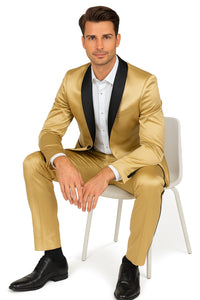 Men Gold Contrast Lapel Black Shawl Collar 2 Toned Dinner Jacket Blazer Fashion Tuxedo For Men