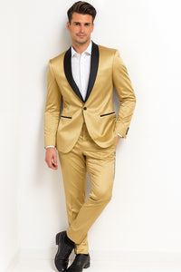 Men Gold Contrast Lapel Black Shawl Collar 2 Toned Dinner Jacket Blazer Fashion Tuxedo For Men
