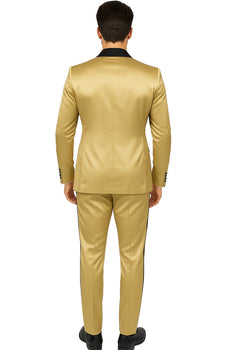 Men Gold Contrast Lapel Black Shawl Collar 2 Toned Dinner Jacket Blazer Fashion Tuxedo For Men - Image 3