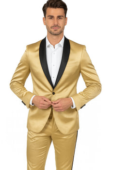 Men Gold Contrast Lapel Black Shawl Collar 2 Toned Dinner Jacket Blazer Fashion Tuxedo For Men - Image 8