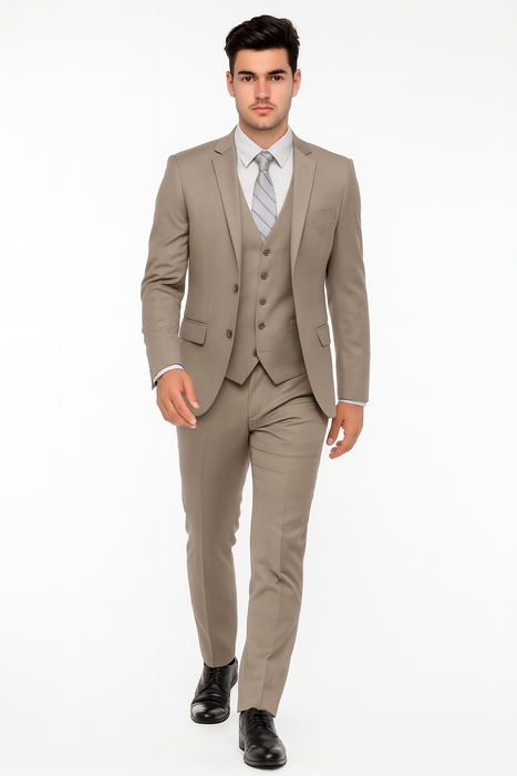 Men’s Modern Fit 3-Piece Taupe Suit with Vest – Stylish Formal Wear for Weddings & Business