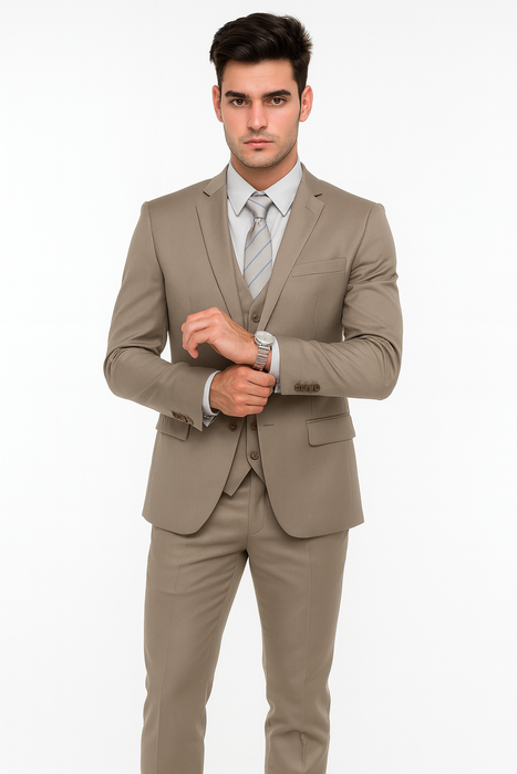 Men’s Modern Fit 3-Piece Taupe Suit with Vest – Stylish Formal Wear for Weddings & Business