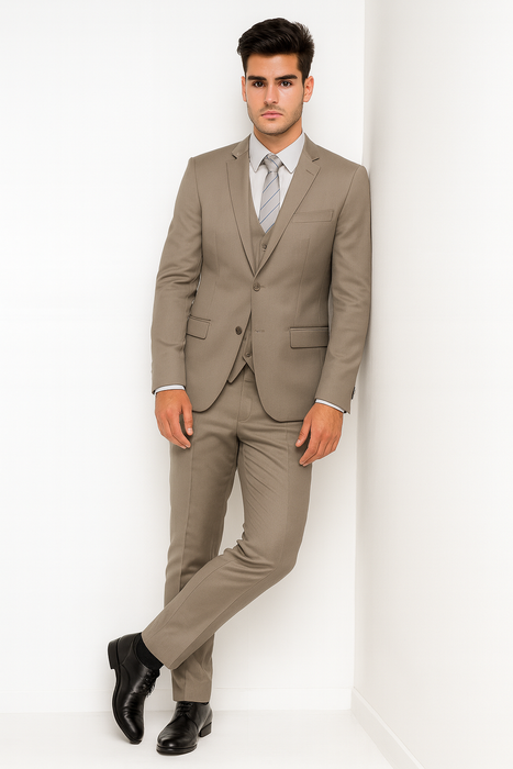Men’s Modern Fit 3-Piece Taupe Suit with Vest – Stylish Formal Wear for Weddings & Business