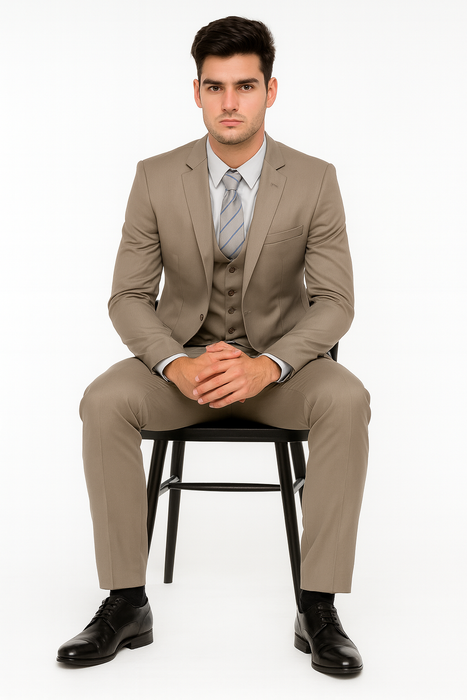 Men’s Modern Fit 3-Piece Taupe Suit with Vest – Stylish Formal Wear for Weddings & Business