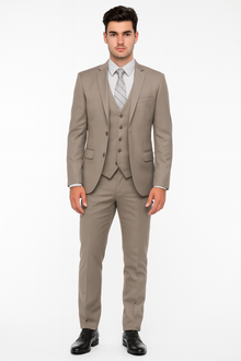 Men’s Modern Fit 3-Piece Taupe Suit with Vest – Stylish Formal Wear for Weddings & Business