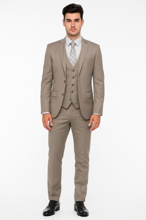 Men’s Modern Fit 3-Piece Taupe Suit with Vest – Stylish Formal Wear for Weddings & Business