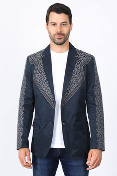 Men’s Navy Fashion Blazer with Embroidery – Smart Casual Dress Jacket