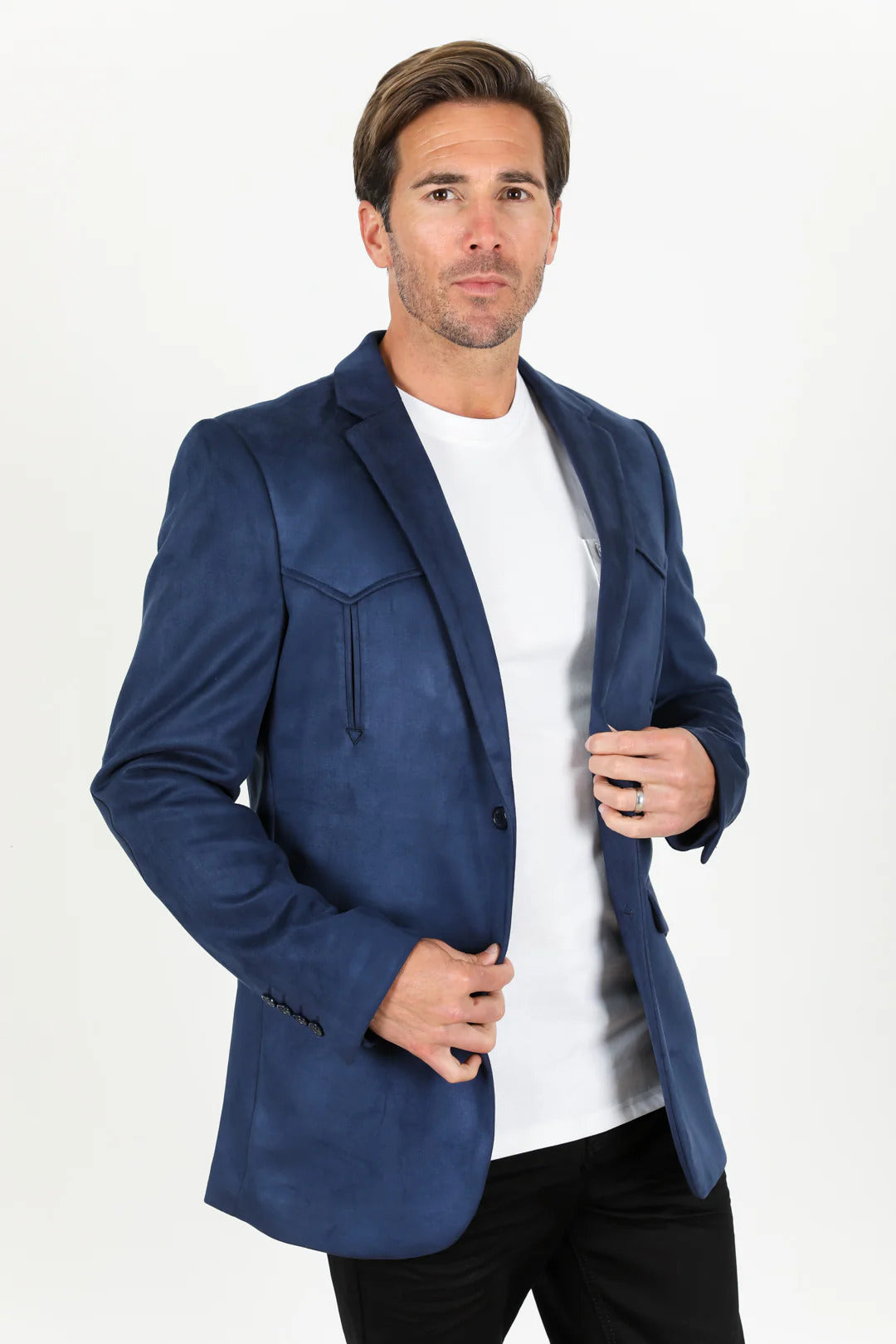 Double Button Suede Western Blazer Navy