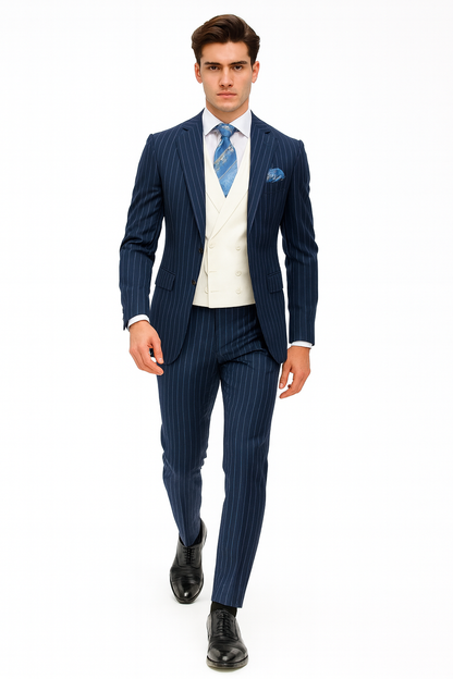 Men'S 2 Buttons Chalk Bold Stripe ~ Pinstripe Blue Shawl Collar 1920'S 30'S Fashion Vintage Pattern No Vest Included Suit - Image 6