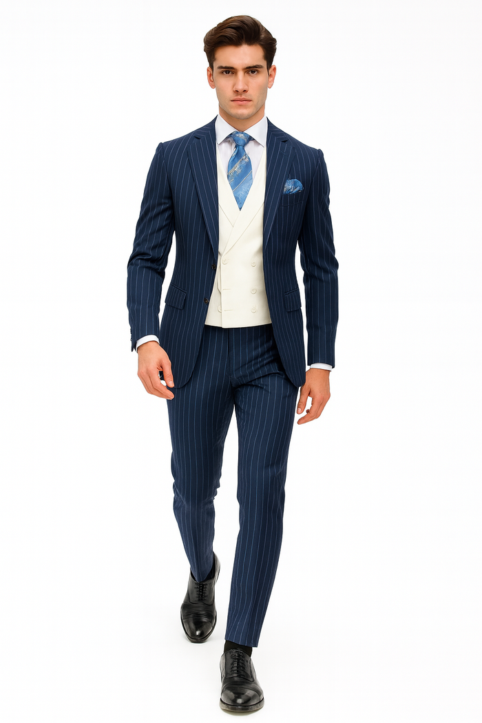 Men'S 2 Buttons Chalk Bold Stripe ~ Pinstripe Blue Shawl Collar 1920'S 30'S Fashion Vintage Pattern No Vest Included Suit - Image 6