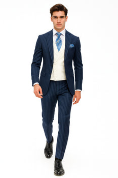 Men'S 2 Buttons Chalk Bold Stripe ~ Pinstripe Blue Shawl Collar 1920'S 30'S Fashion Vintage Pattern No Vest Included Suit - Image 6